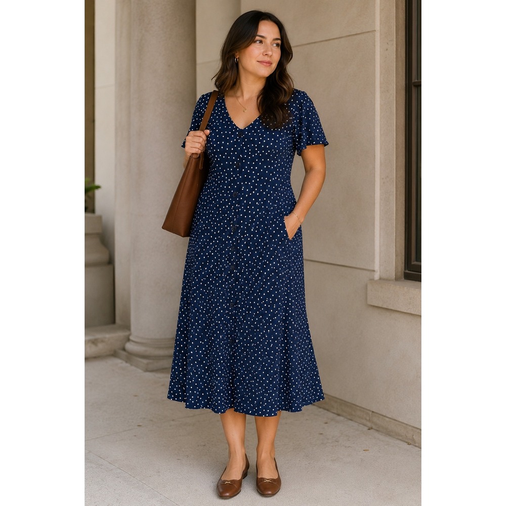 SUSAN GRAVER Liquid Knit Dress L Petite Polka Dot Fit Flare Career Travel Navy